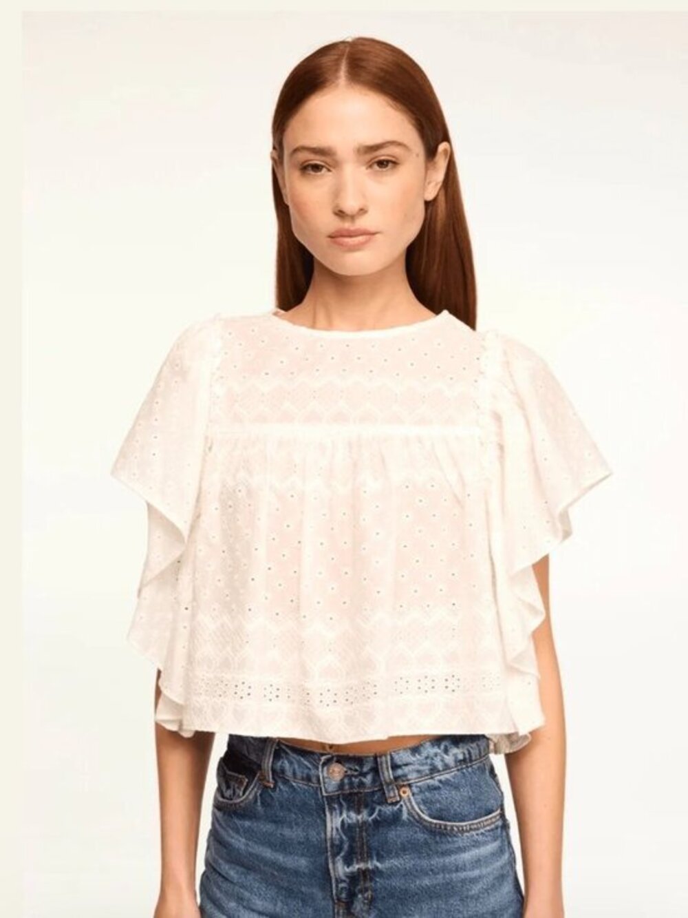 NWT MISA Los Angeles White Eyelet Ruffle Flutter Sleeve Top-S- MSRP $285